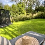 Grüner Garten mit Liegen am Waldrand